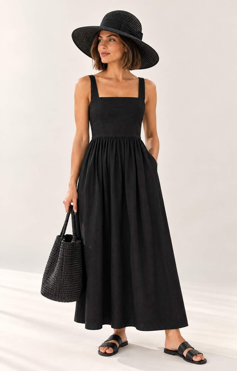 Model wearing Crystal Birch Mia Wheat Straw Hat in Black, styled with a black square-neck midi dress, woven handbag and flat sandals