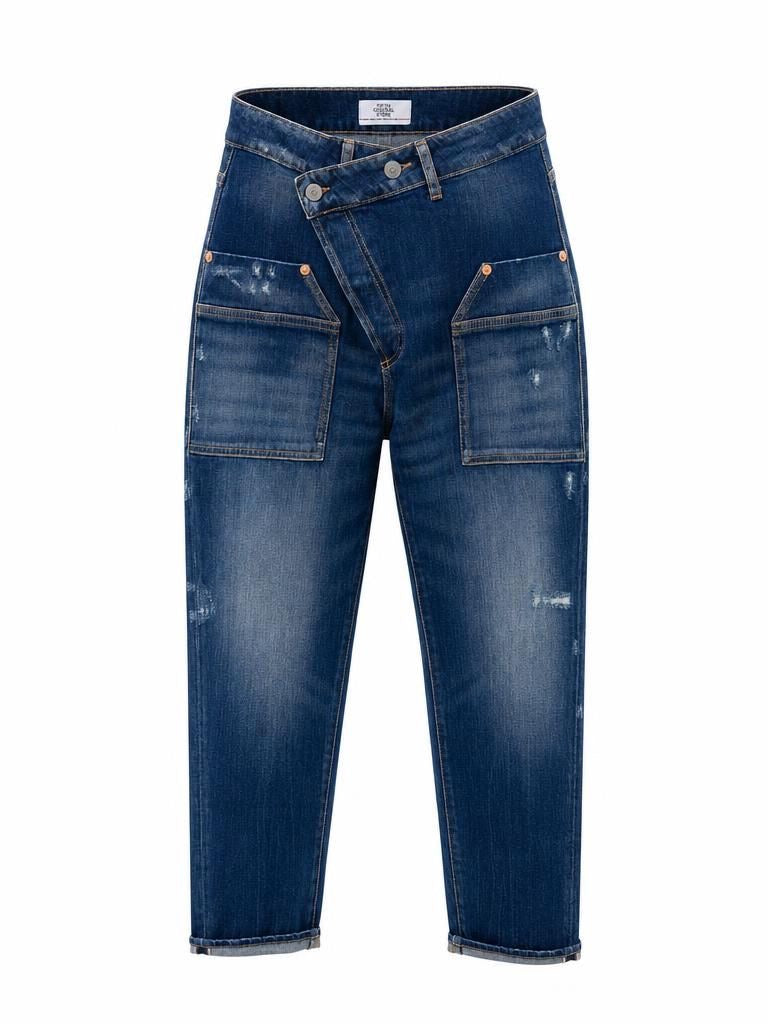 Le Temps des Cerises blue cosy pocket jeans with wrap waistband and utility pockets