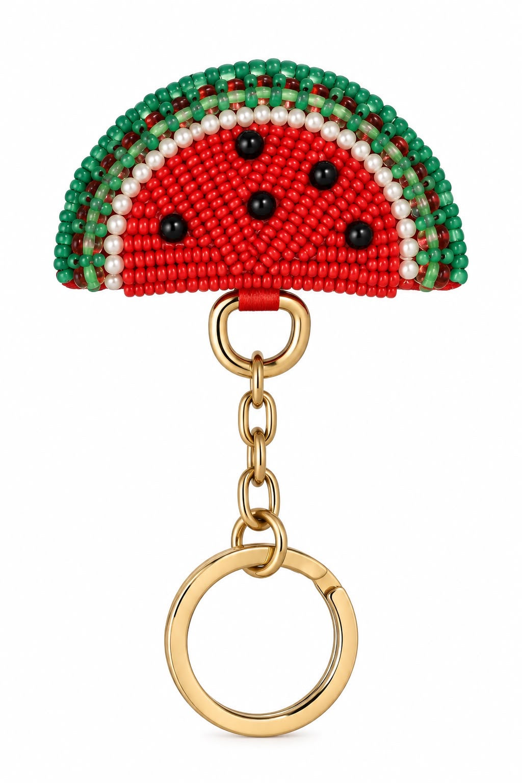 Piti Cuiti watermelon slice bag charm in red beads with pearl and green rind detail