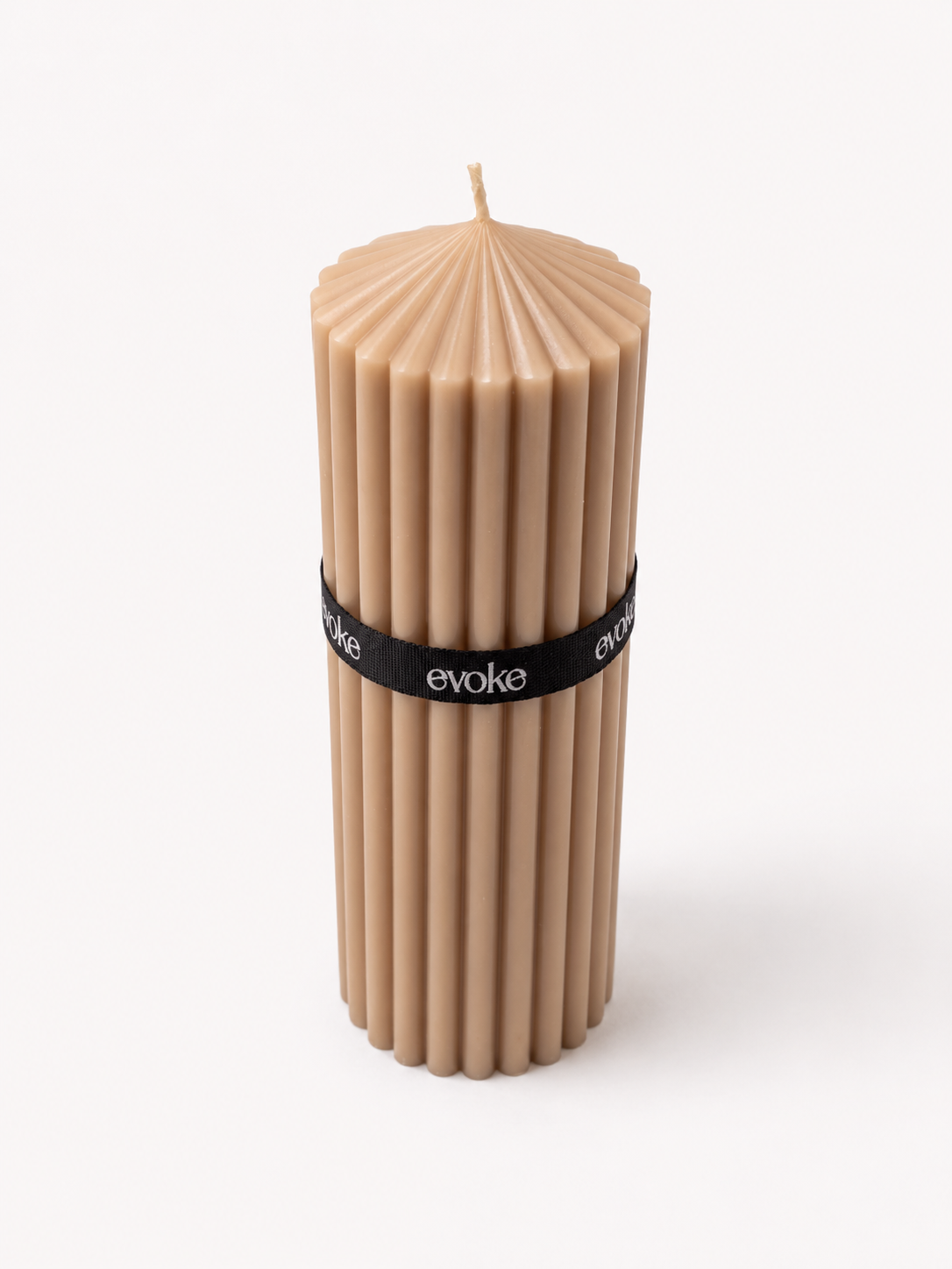 Evoke by Tanika large latte pillar candle featuring a bold thick groove ribbed design and sculptural cylindrical silhouette.