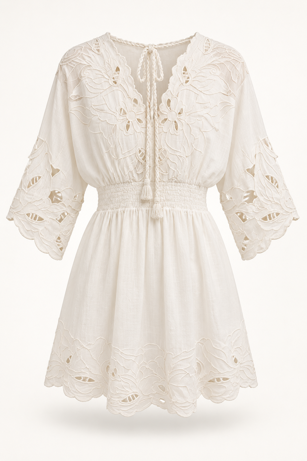 Piti Cuiti cutwork mini dress in ecru cotton, shown flat with embroidered yoke, bell sleeves and scalloped hem