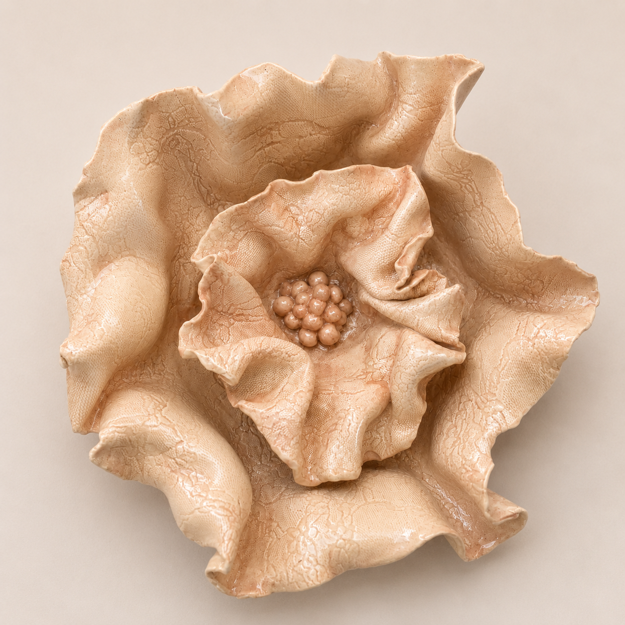 Extra-large handcrafted Floral Fragments stoneware wall art by Ilené Bothma featuring layered botanical forms, soft natural tones and sculptural ceramic detailing.
