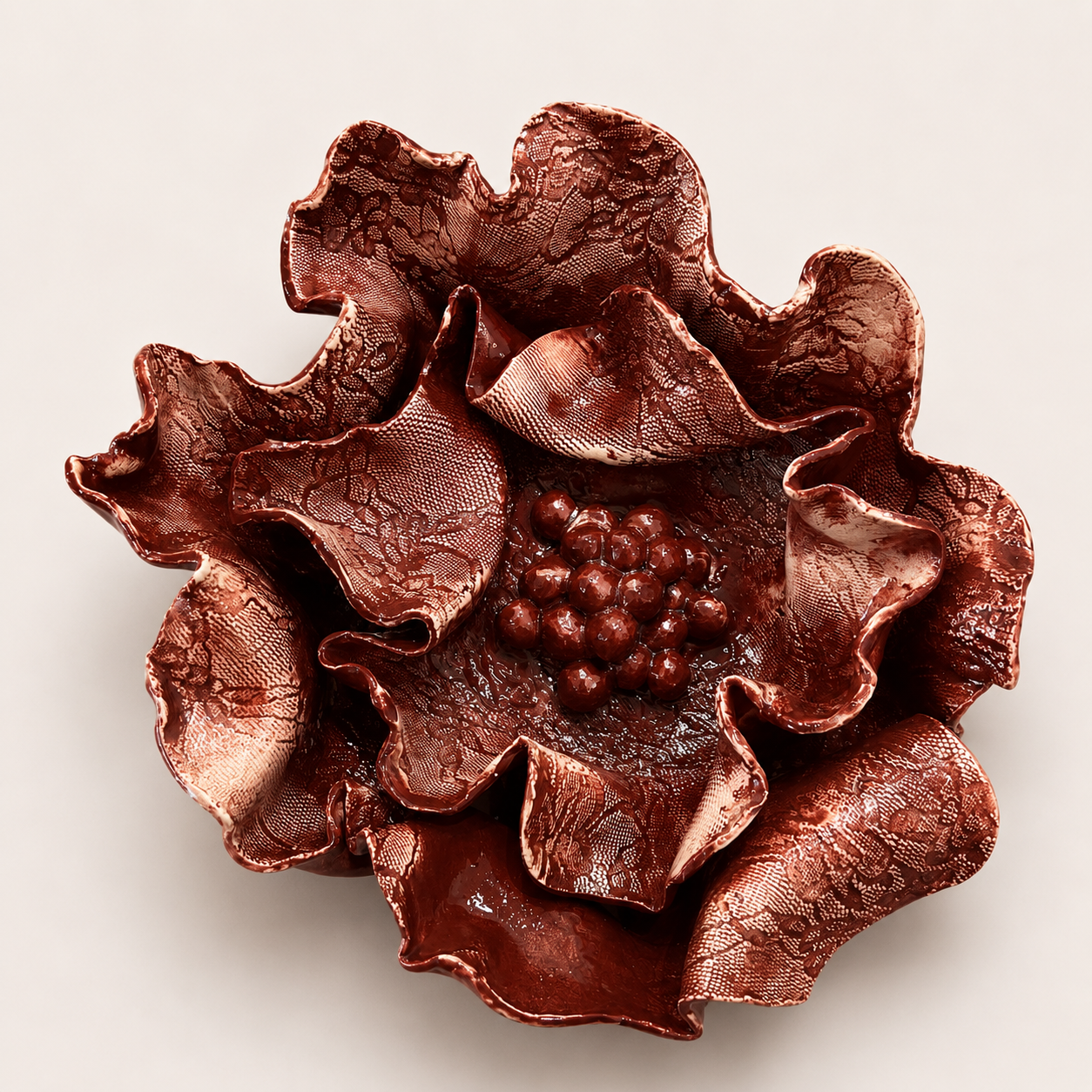 Large handcrafted Floral Fragments stoneware wall art by Ilené Bothma featuring layered floral forms, intricate botanical textures and sculptural ceramic detailing.