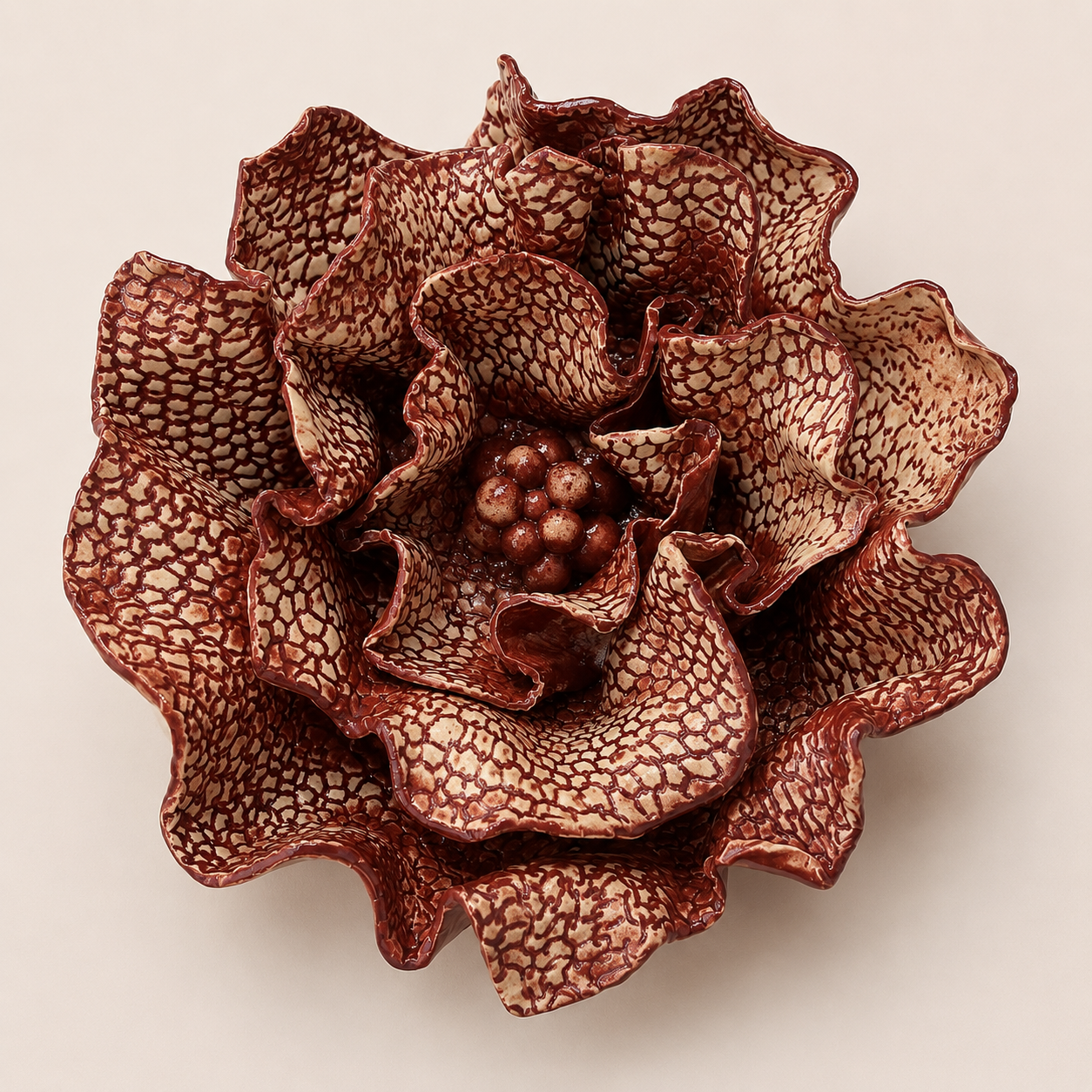 Large handcrafted Floral Fragments stoneware wall art by Ilené Bothma featuring layered floral forms, intricate botanical textures and sculptural ceramic detailing.