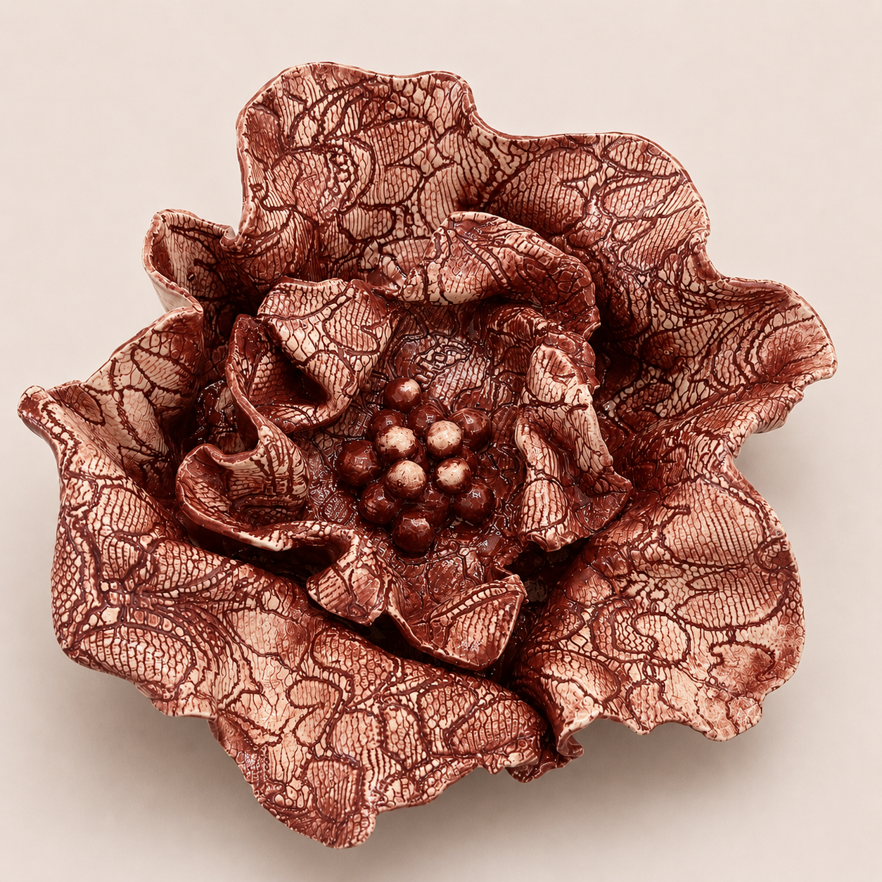 Large handcrafted Floral Fragments stoneware wall art by Ilené Bothma featuring layered floral forms, intricate botanical textures and sculptural ceramic detailing.