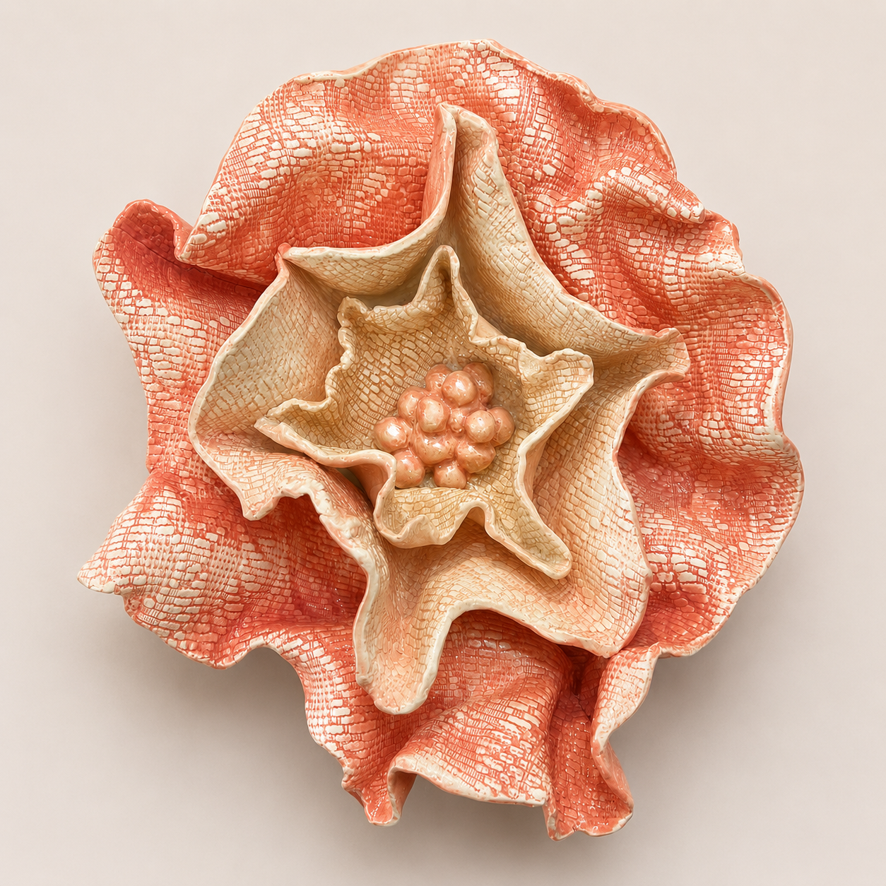 Large handcrafted Floral Fragments stoneware wall art by Ilené Bothma featuring layered floral forms, intricate botanical textures and sculptural ceramic detailing.