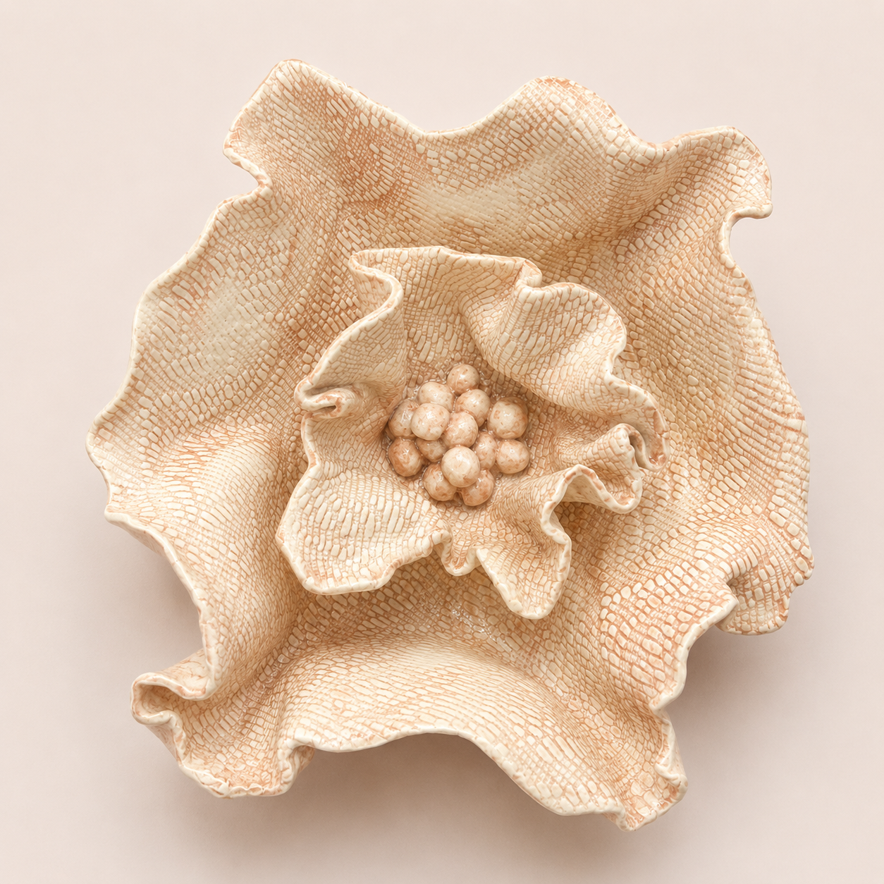 Large handcrafted Floral Fragments stoneware wall art by Ilené Bothma featuring layered floral forms, intricate botanical textures and sculptural ceramic detailing.