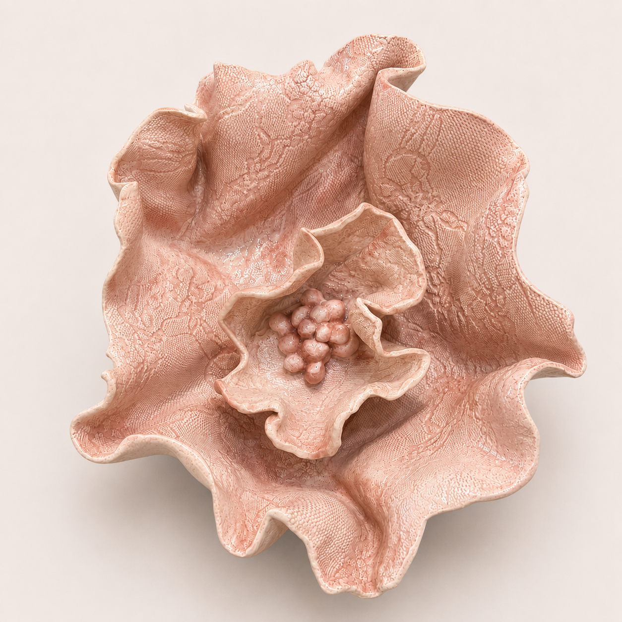 Large handcrafted Floral Fragments stoneware wall art by Ilené Bothma featuring layered floral forms, intricate botanical textures and sculptural ceramic detailing.