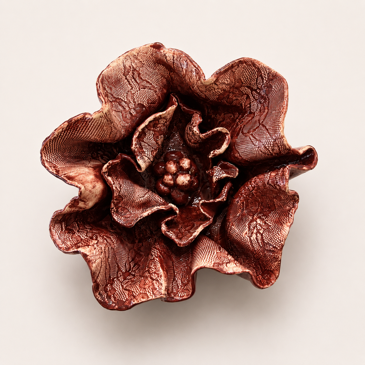 Handcrafted Floral Fragments stoneware wall art by Ilené Bothma featuring layered floral-inspired forms, textured ceramic surfaces and sculptural organic detailing.