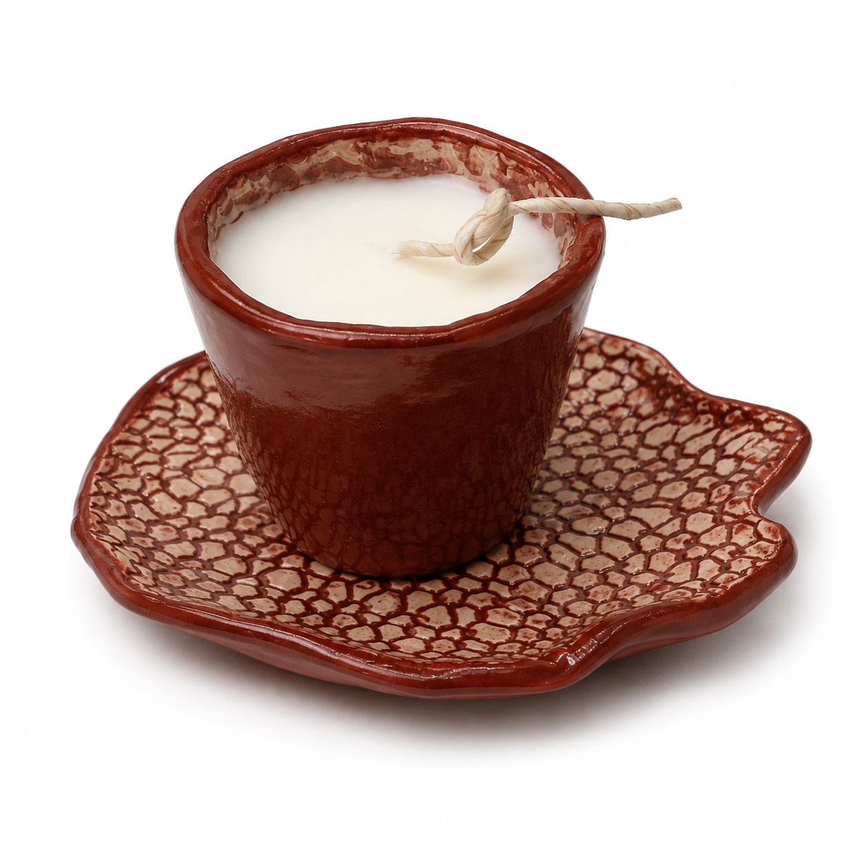 Fragile by Ilene handcrafted burgundy ceramic candle cup with matching saucer and decorative artisan glaze