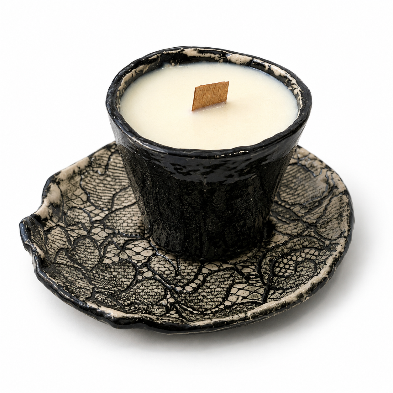 Fragile by Ilene handcrafted ceramic candle cup and matching saucer in Lace design with textured artisan finish