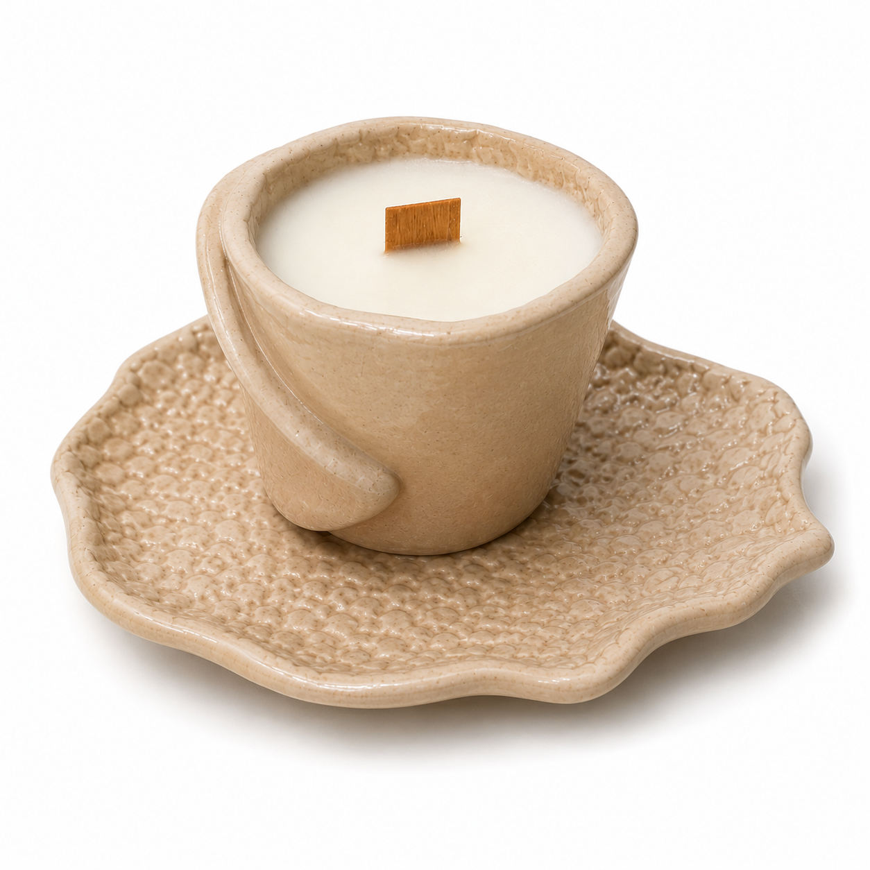 Fragile by Ilene handcrafted oat ceramic candle cup with matching textured saucer and natural wood wick