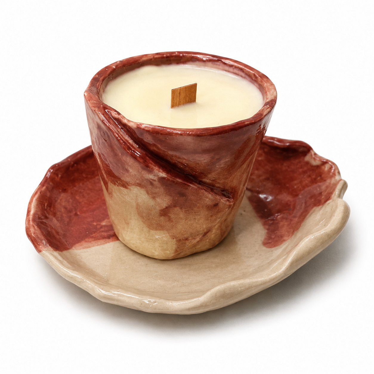 Handcrafted Fragile by Ilene terracotta stoneware candle cup with wooden wick and matching saucer
