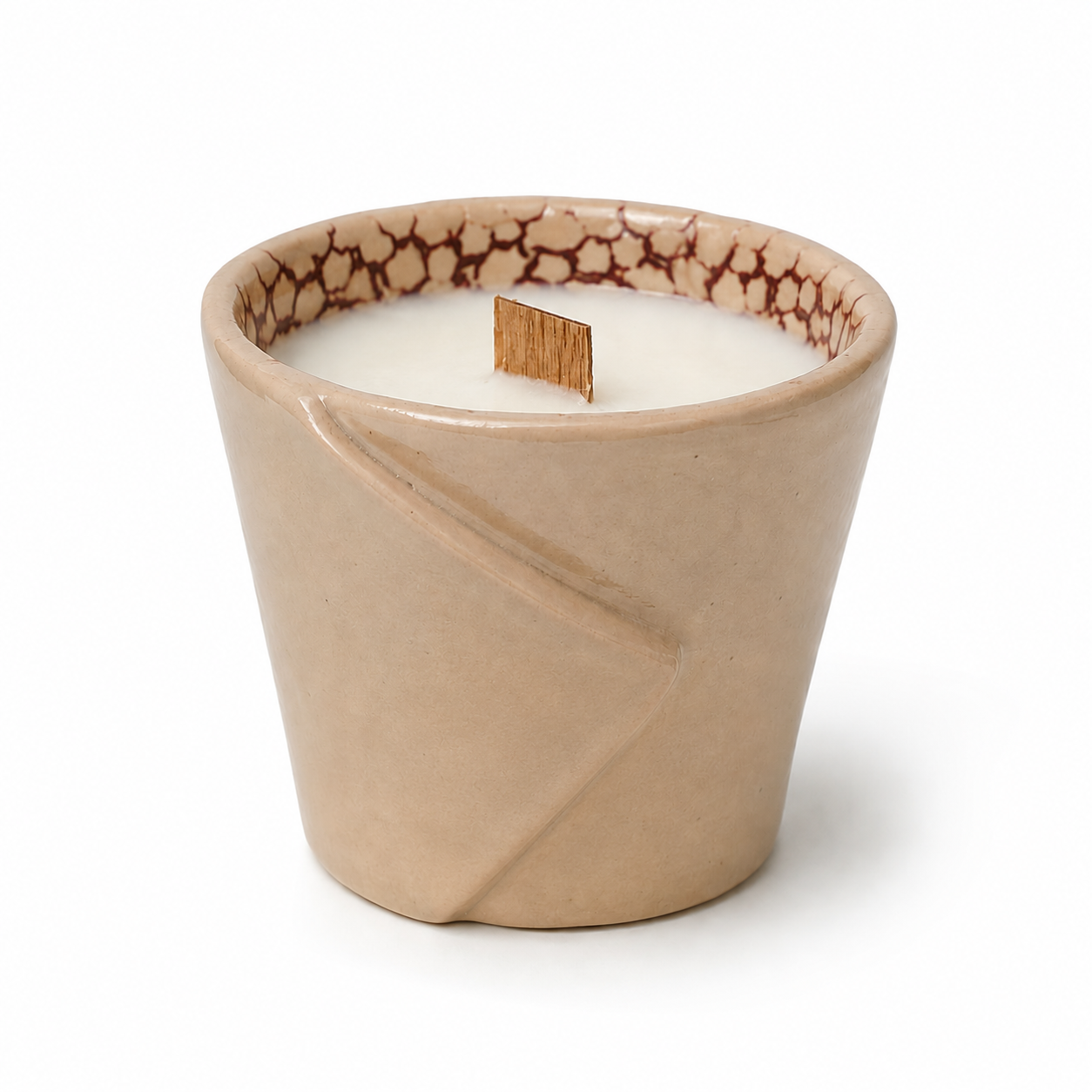 Fragile by Ilene medium fragranced candle in handcrafted ceramic vessel with wood wick and frangipani scent