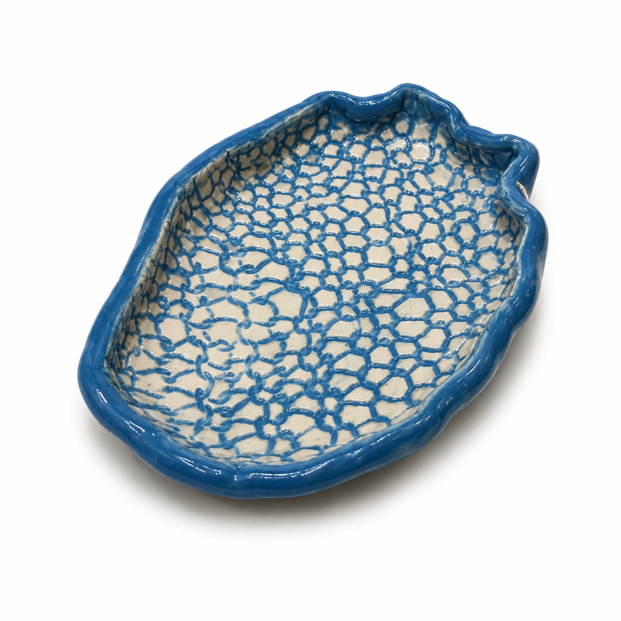 Handcrafted Fragile by Ilene stoneware trinket dish with blue lace-inspired textured glaze
