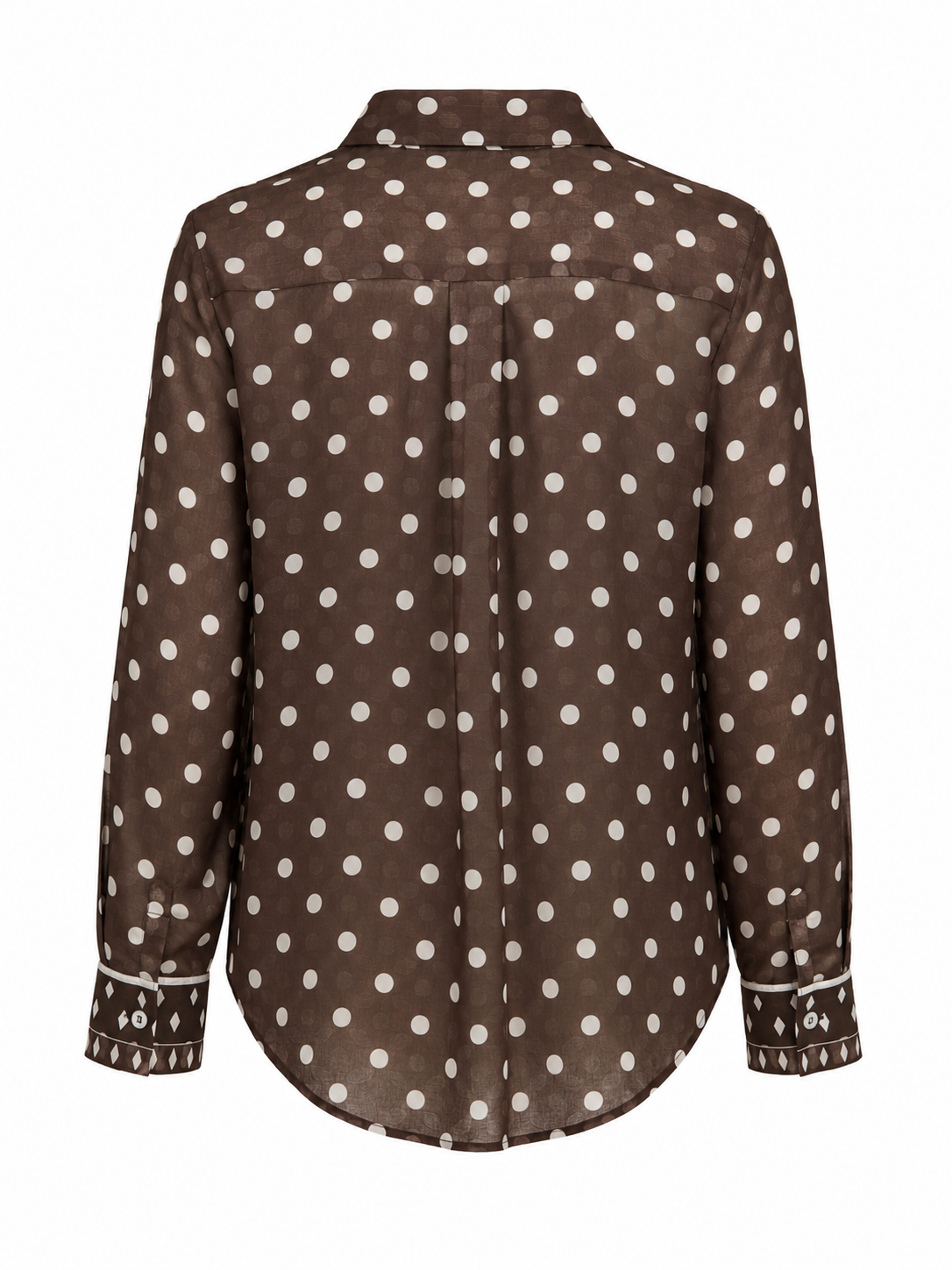 Back view of the Gordon Smith Aurora Polkadot Shirt in Brown White showcasing the relaxed fit, curved hem and all-over white polkadot print.