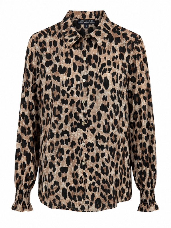 Gordon Smith cheetah print long sleeve shirt with shirred cuffs