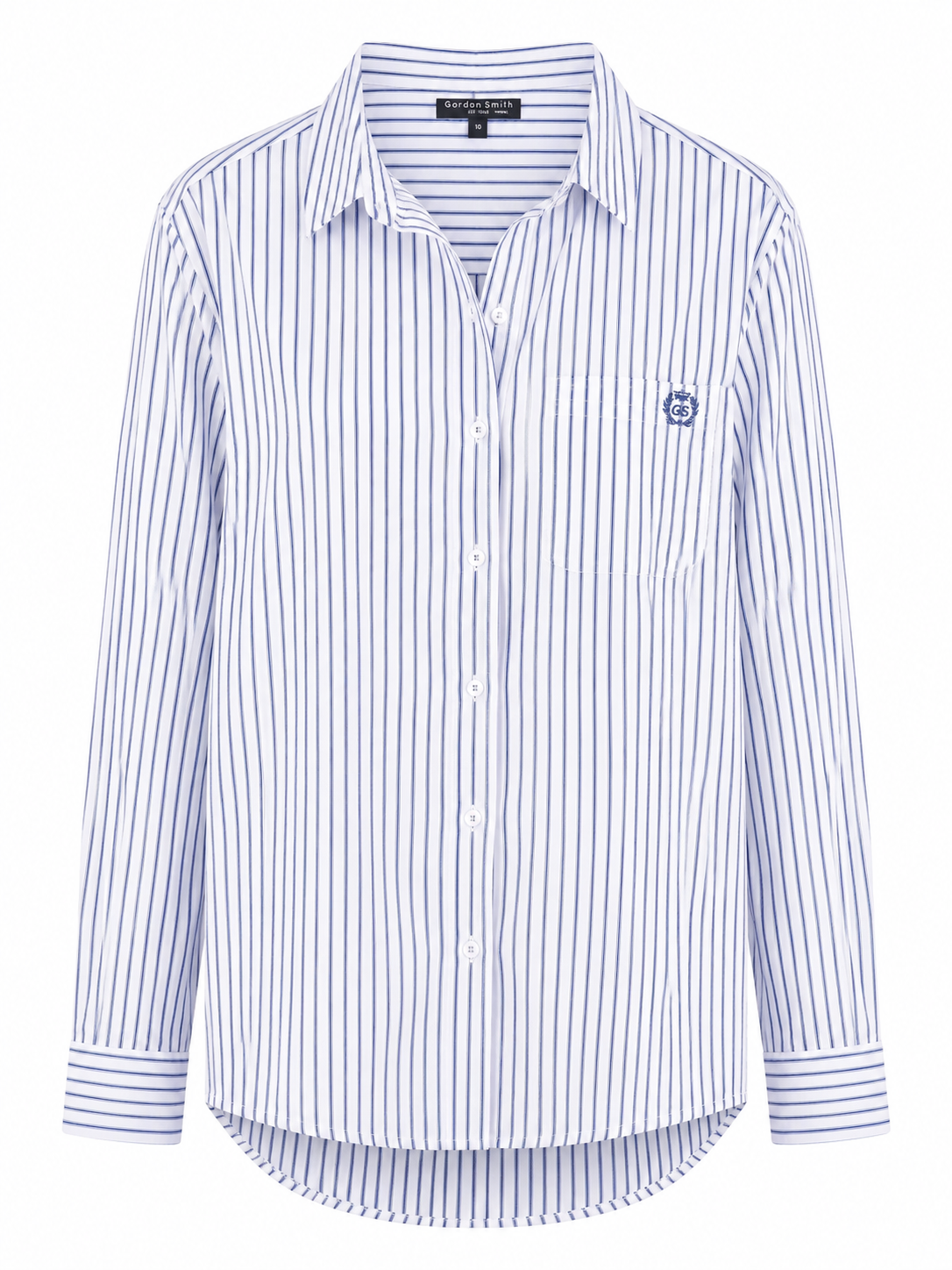 Gordon Smith Heritage Stripe Shirt in Blue White with a classic collar, button front, chest pocket and blue stripe pattern.