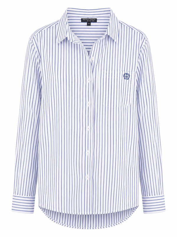 Gordon Smith Heritage Stripe Shirt in Blue White with a classic collar, button front, chest pocket and blue stripe pattern.