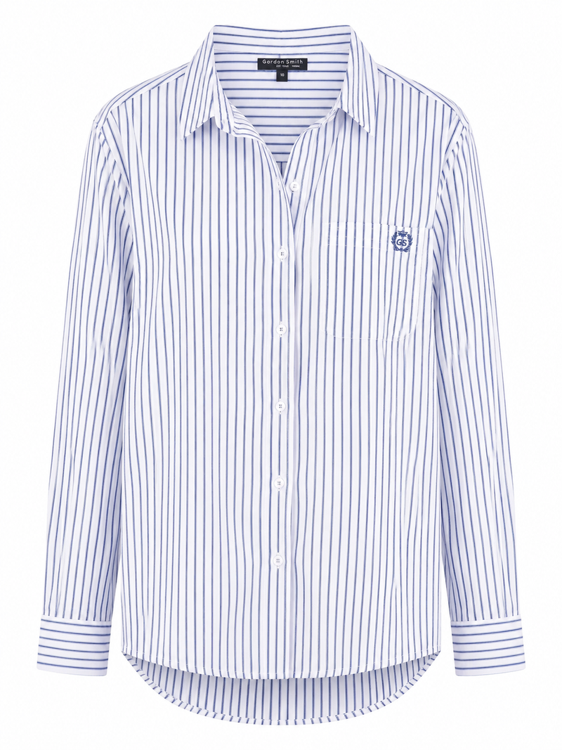 Gordon Smith Heritage Stripe Shirt in Blue White with a classic collar, button front, chest pocket and blue stripe pattern.