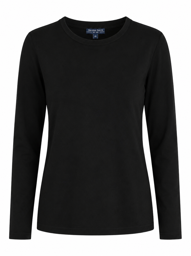 Front view of the Gordon Smith Heritage Tee in Black featuring a classic crew neckline, long sleeves and a soft stretch cotton finish.