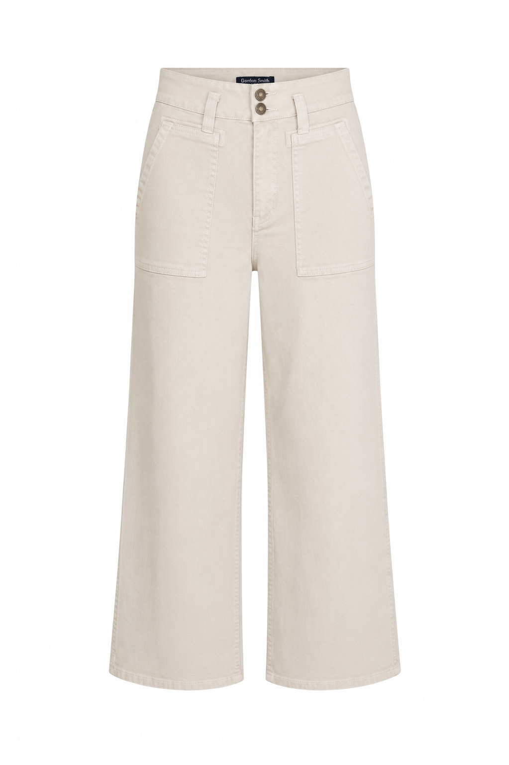 Front view of the Gordon Smith Hudson Jeans in off-white featuring a high-rise waist, wide-leg fit and statement front patch pockets.