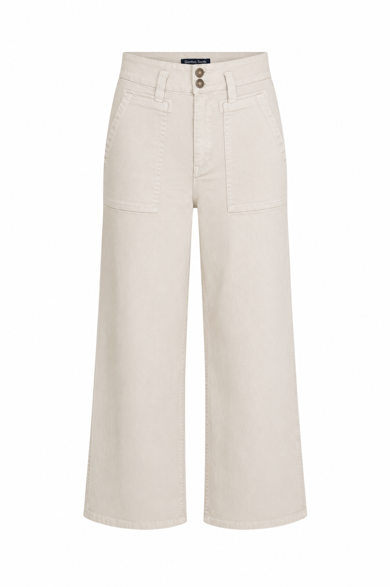 Front view of the Gordon Smith Hudson Jeans in off-white featuring a high-rise waist, wide-leg fit and statement front patch pockets.