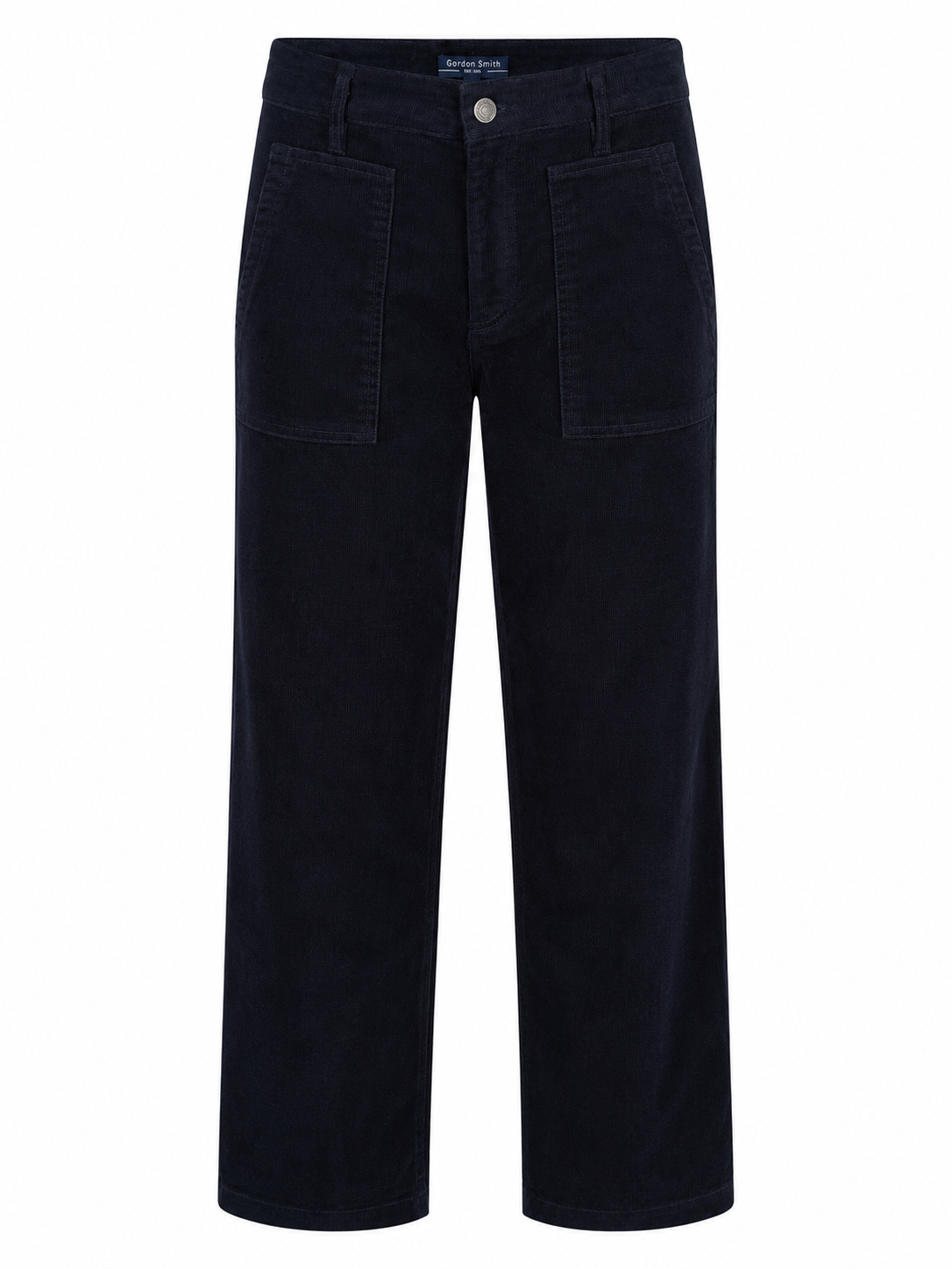 Front view of the Gordon Smith Melrose Corduroy Jean in Navy featuring a straight-leg silhouette, soft stretch corduroy fabric, mid-to-high rise waist and front patch pockets.