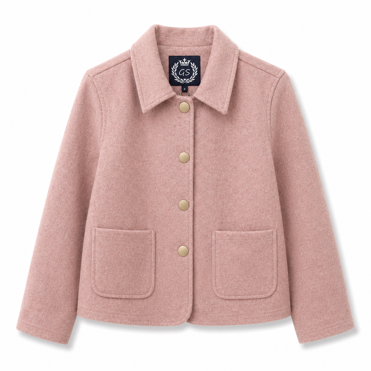 Gordon Smith Montana Car Coat in blush featuring gold-tone buttons, classic collar and front patch pockets on a textured fabric finish