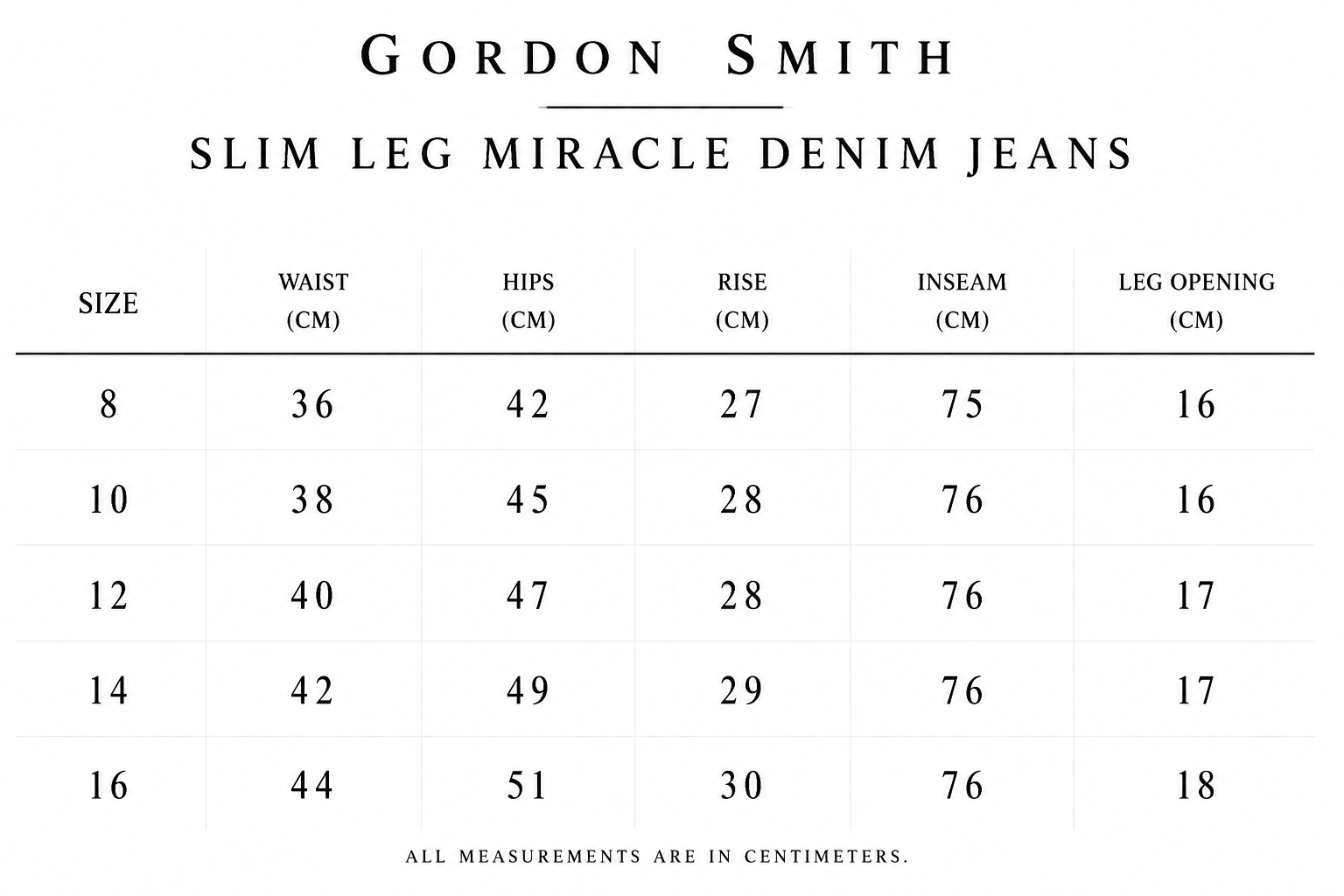 Gordon Smith Slim Leg Miracle Denim Jeans size guide showing waist, hips, rise, inseam and leg opening measurements in centimetres for sizes 8 to 16.