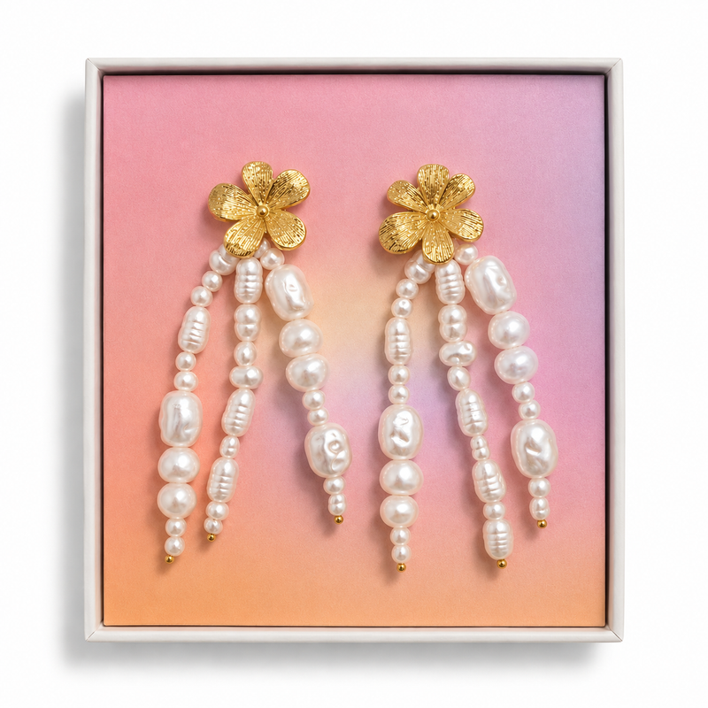 Jimnojean gold flower pearl drop statement earrings