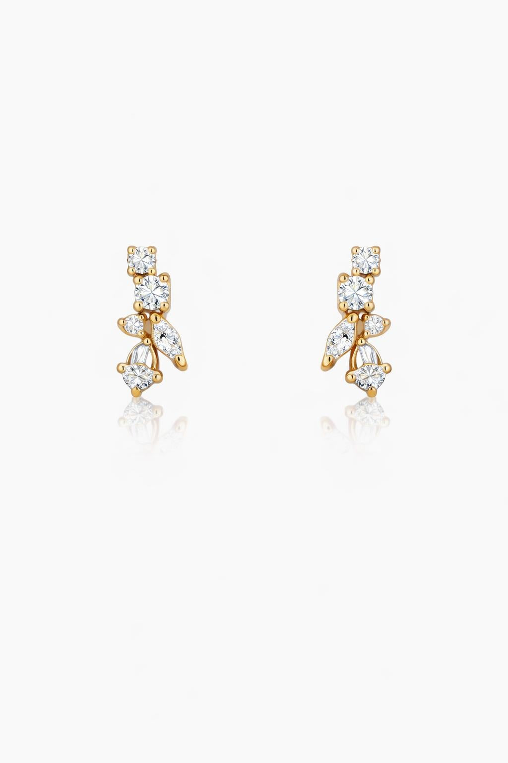 JimnoJean Blossoming Creeper stud earrings in gold featuring sparkling cubic zirconia stones arranged in a delicate floral vine design.