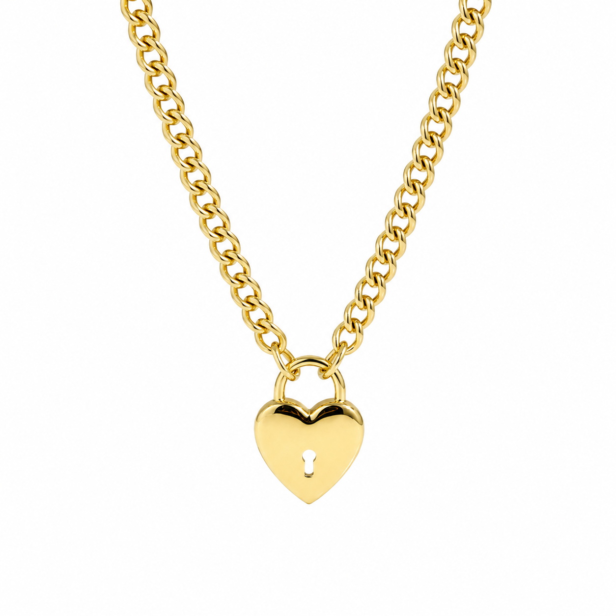 JimnoJean gold necklace featuring a polished heart-shaped padlock pendant suspended from a classic curb chain.