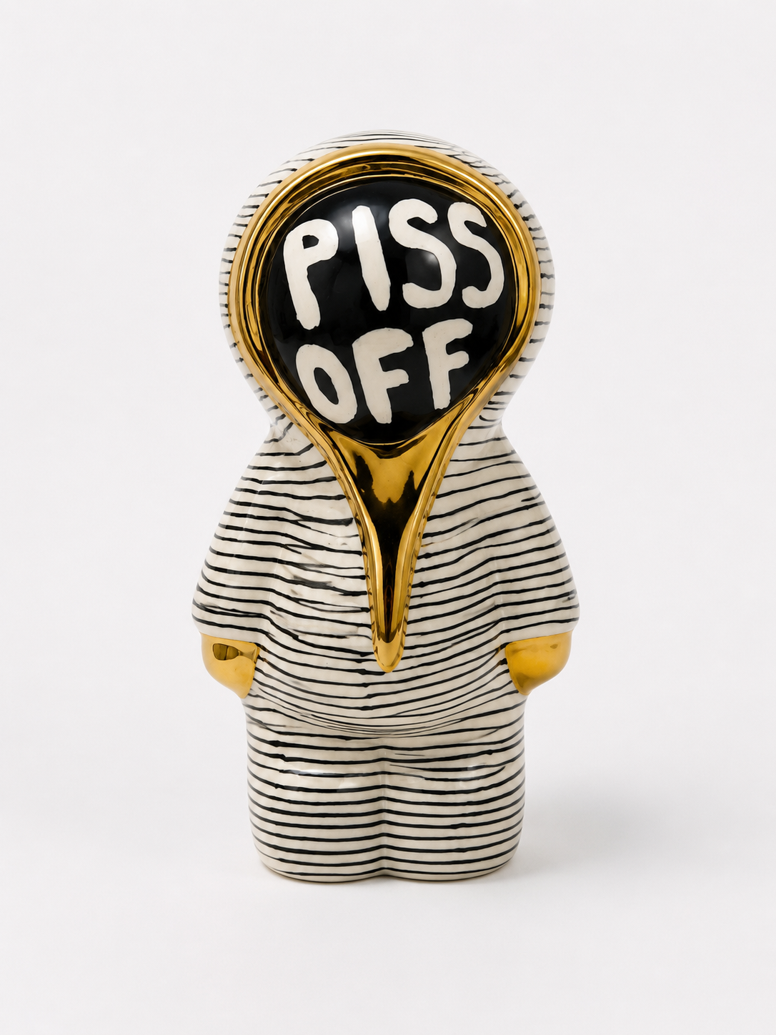 JVR Piss Off Onesie ceramic ornament featuring black and white stripes, hand-painted lettering and metallic gold detailing.
