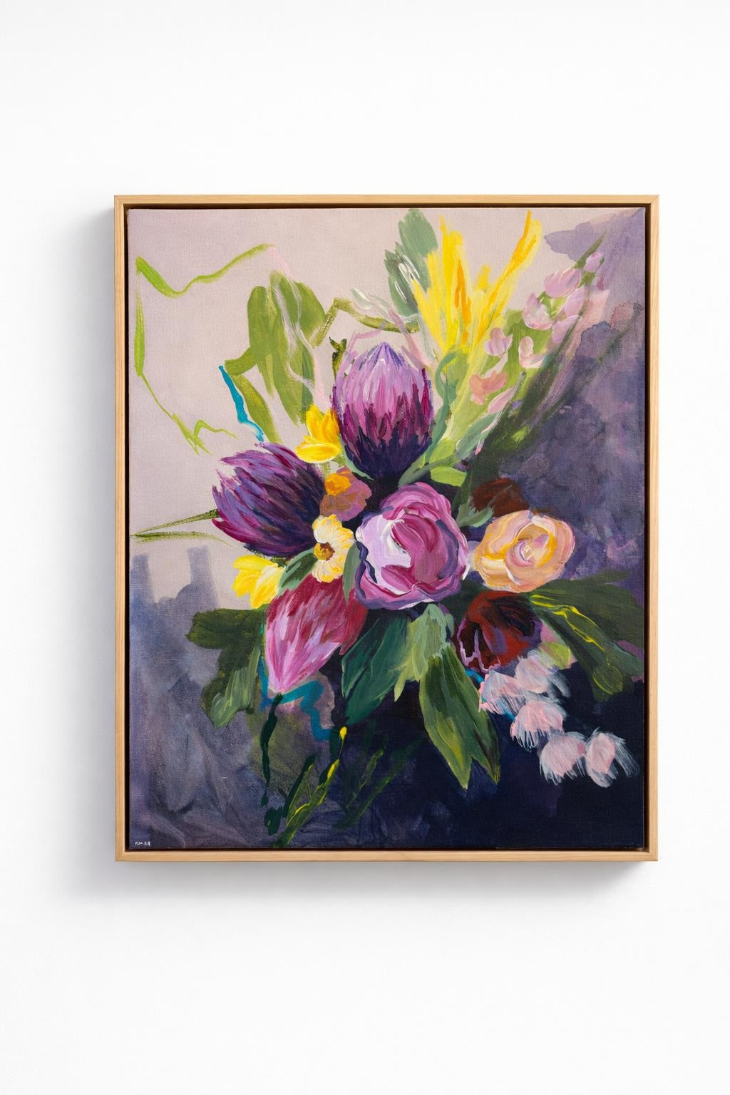 Fynbos in a Soft Hush artwork by Kristi Marié, acrylic on canvas framed in kiaat 386 x 481 mm displayed at Boetiek Cape Town