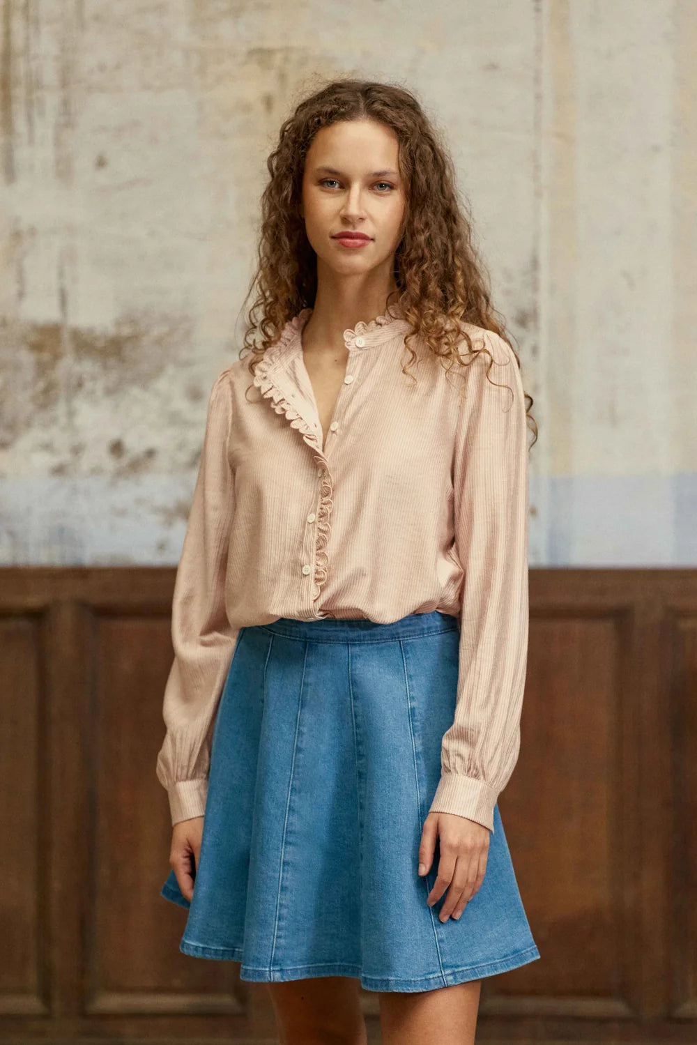 La Petit Étoile Boya blouse in powder styled with denim skirt
