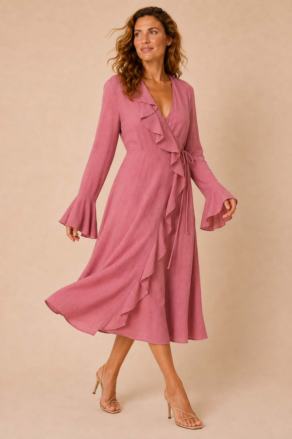 La Petit Étoile Rosae wrap midi dress in rose worn by a model, in motion showing the ruffle and flared sleeves — Boetiek, Cape Town