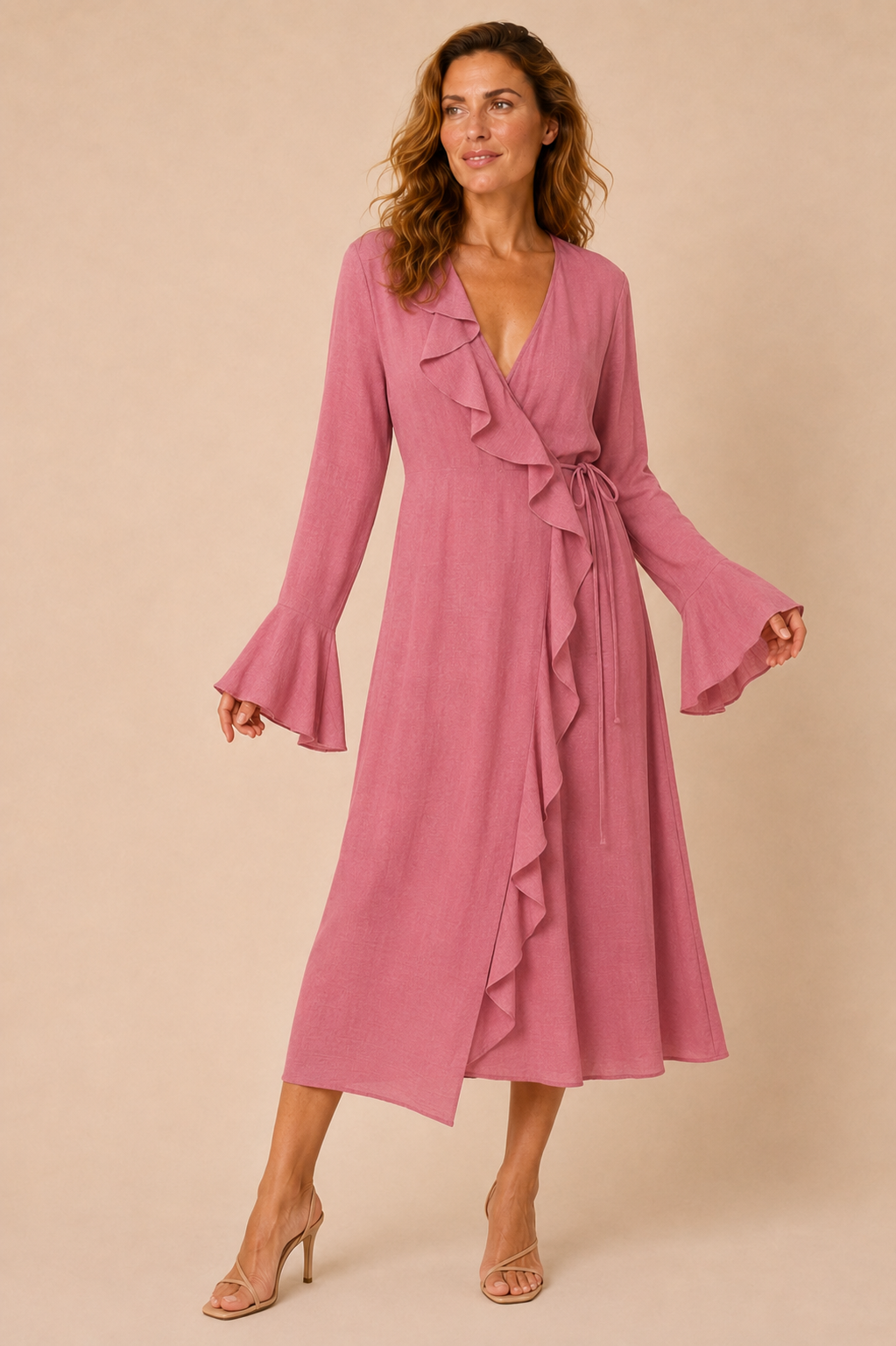 La Petit Étoile Rosae wrap midi dress in rose worn by a model, standing — Boetiek, Cape Town