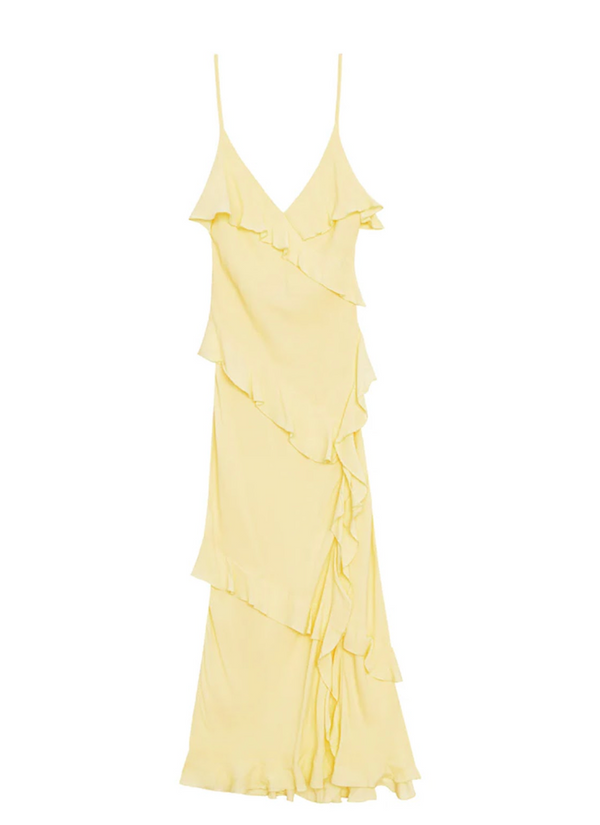 La Petit Étoile Rosilda Dress in pale yellow — bias-cut ruffle slip dress with V-neckline and fine straps, front view