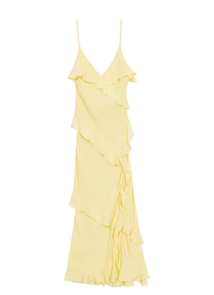 La Petit Étoile Rosilda Dress in pale yellow — bias-cut ruffle slip dress with V-neckline and fine straps, front view