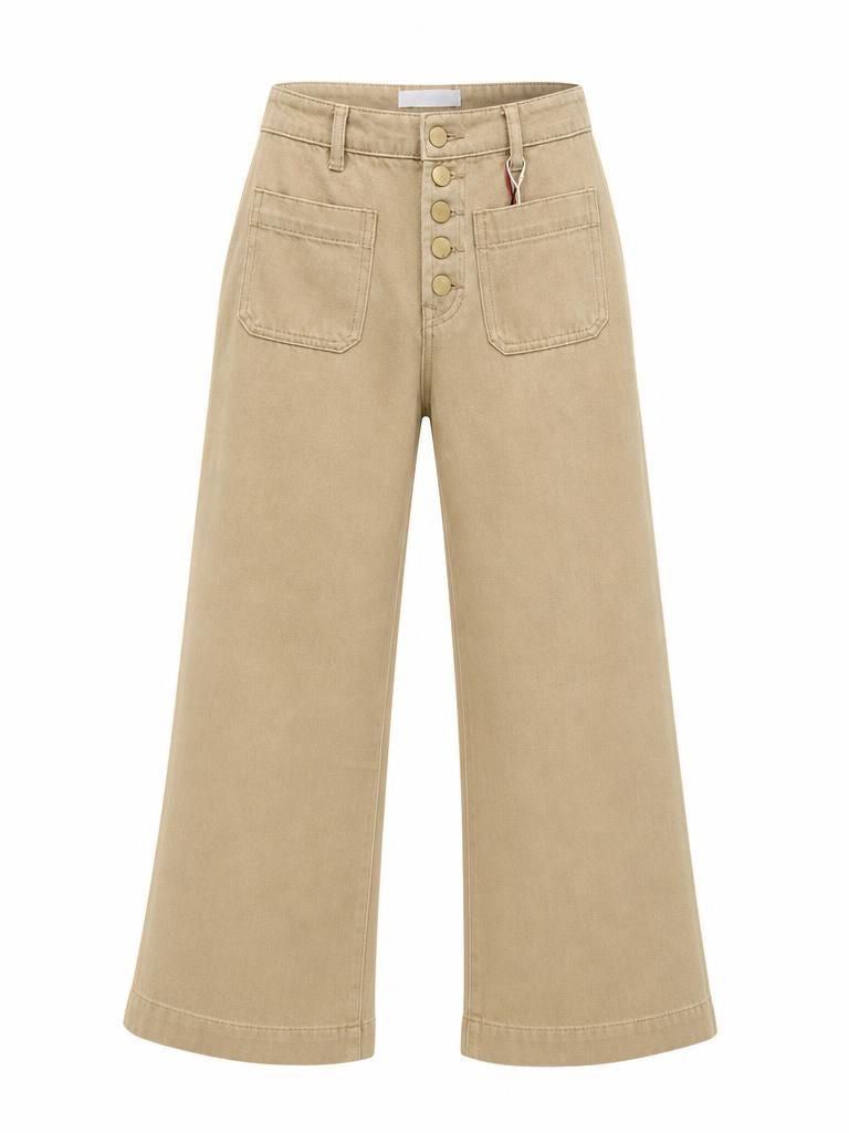 La Petit Étoile beige wide leg jeans with button front and patch pockets