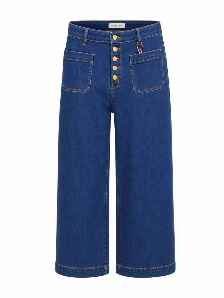La Petit Étoile blue wide leg jeans with button front and patch pockets