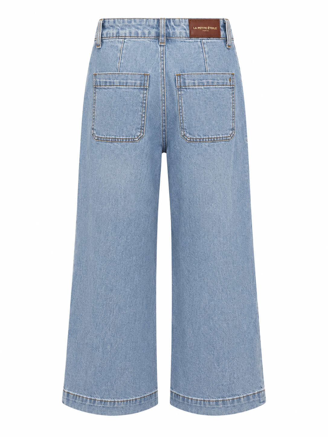 La Petite Étoile Atlanta 7/8 straight-leg jeans in light stone wash with high waist and gold button fly.