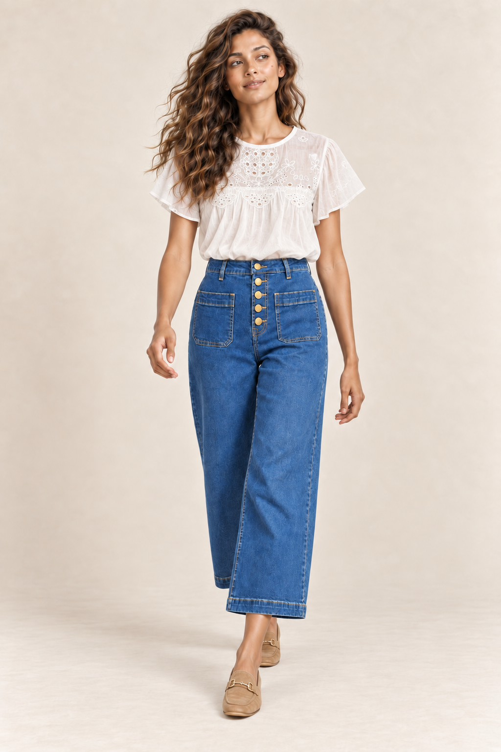 La Petite Étoile Atlanta Button Front Wide Leg Jean in Wash worn by model, walking view