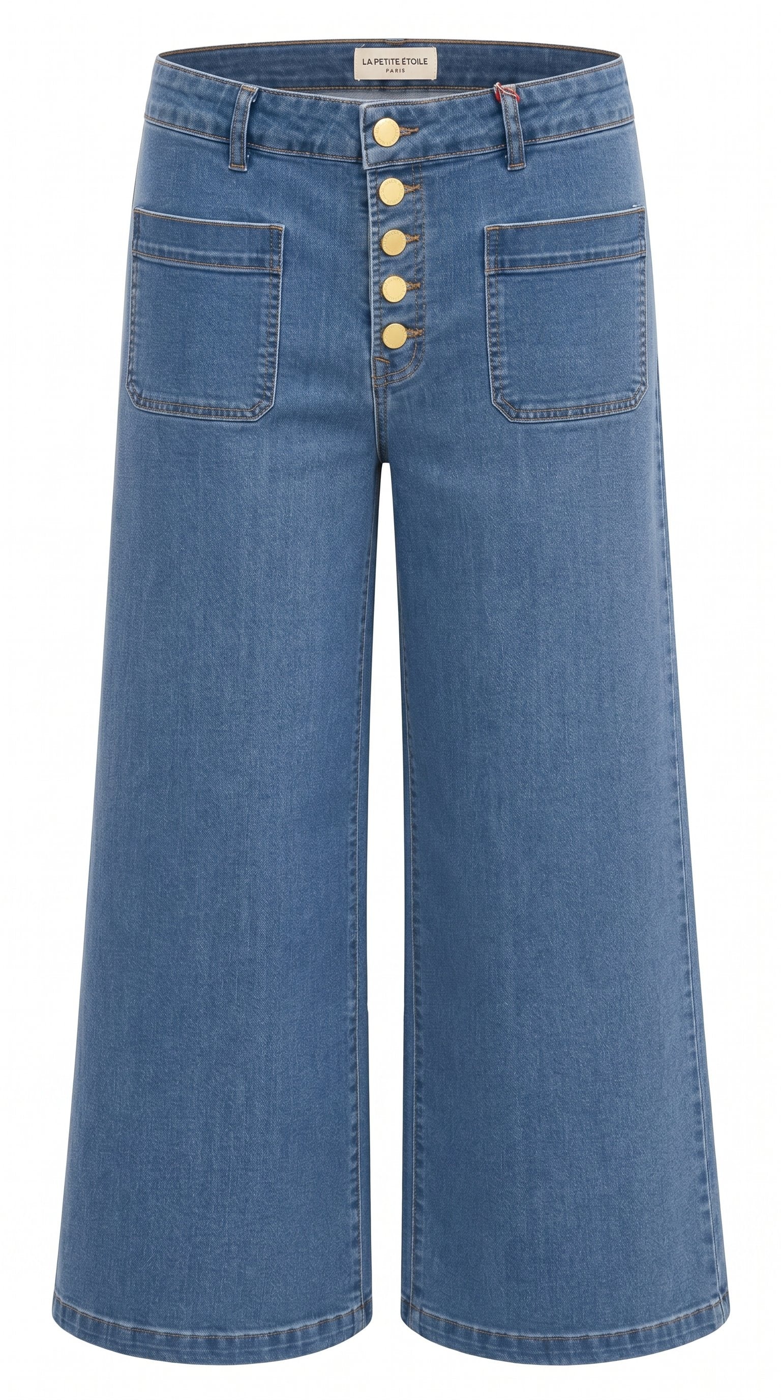 La Petite Étoile Atlanta cropped wide-leg jean in Stone Clair wash with gold-tone buttons