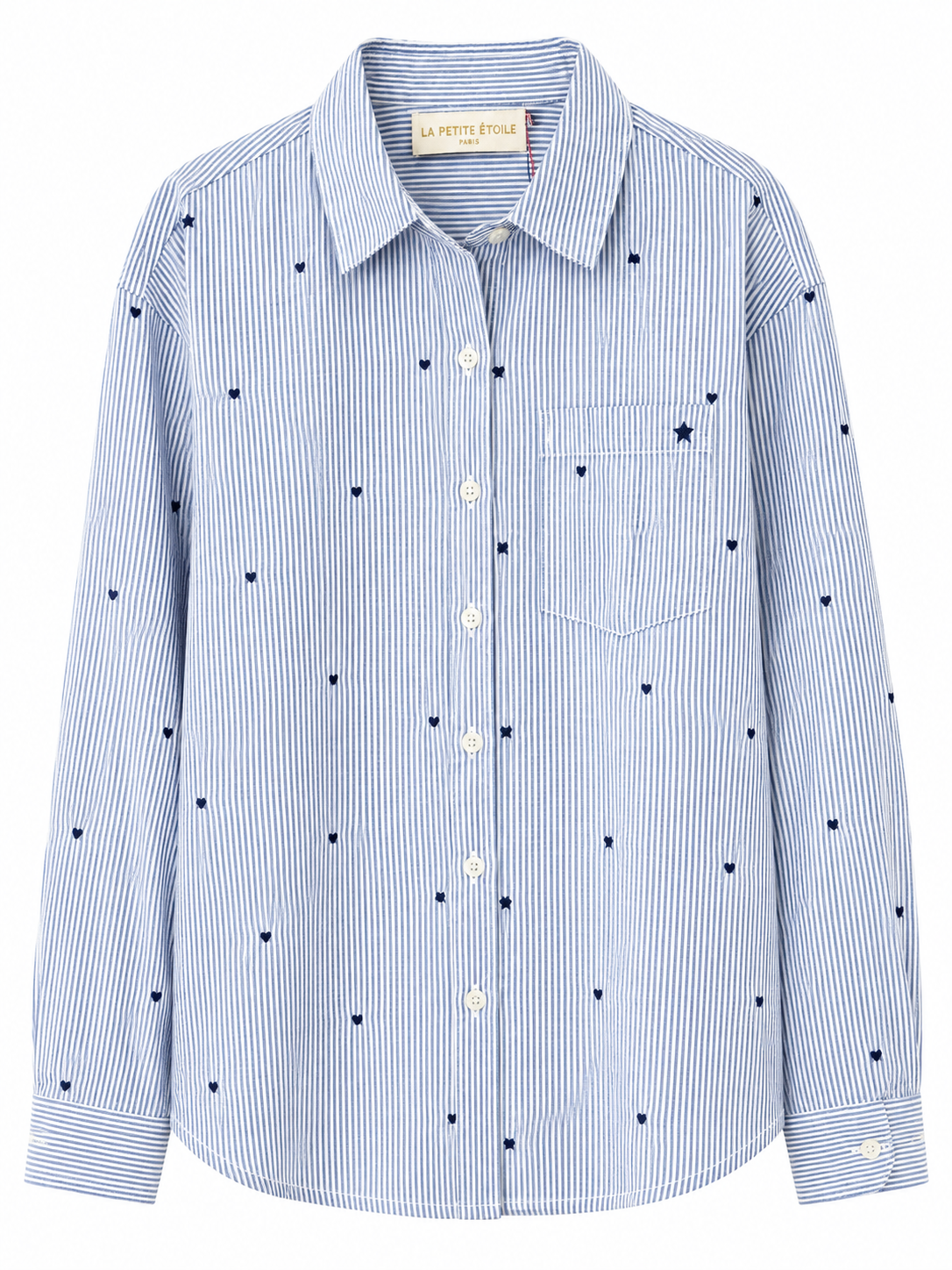 La Petite Étoile women's blue and white striped shirt with navy heart and star embroidery, button front and chest pocket, front view.