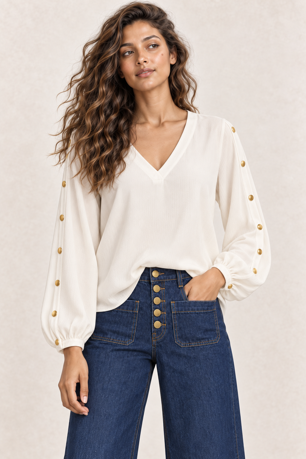 La Petite Étoile Bonnie Blouse with Gold Button Sleeves in Ecru worn by model, close angled view