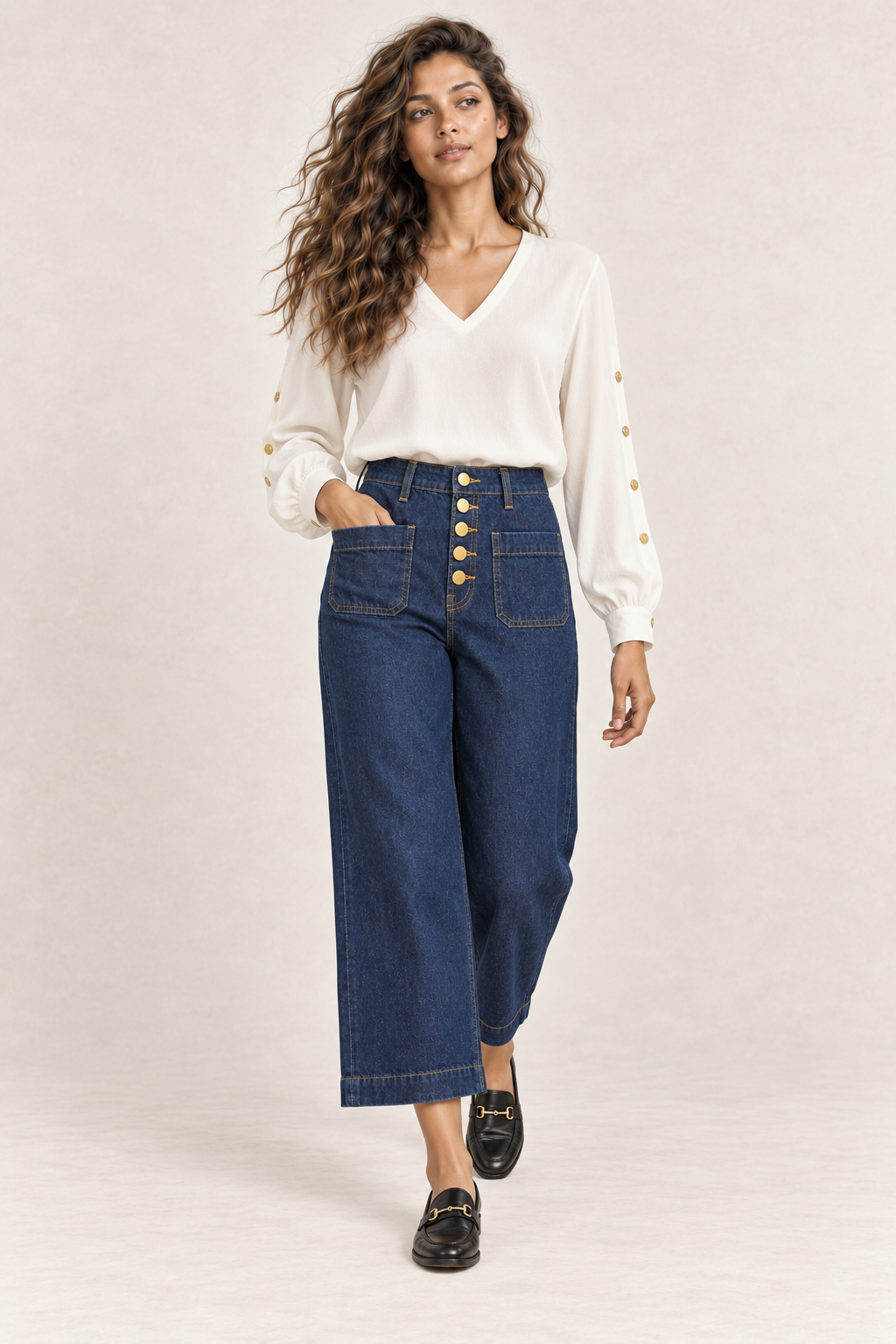 La Petite Étoile Bonnie Blouse with Gold Button Sleeves in Ecru worn by model, full-length walking view