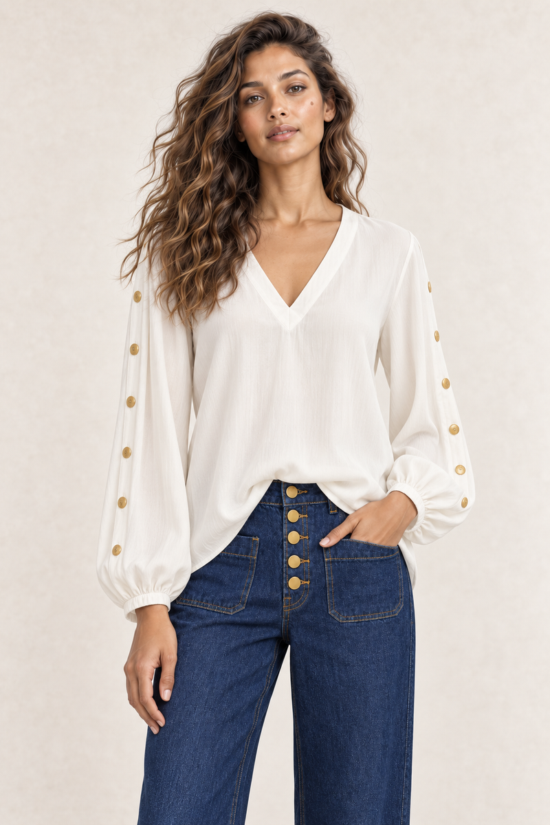 La Petite Étoile | Bonnie Blouse with Gold Button Sleeves in Ecru