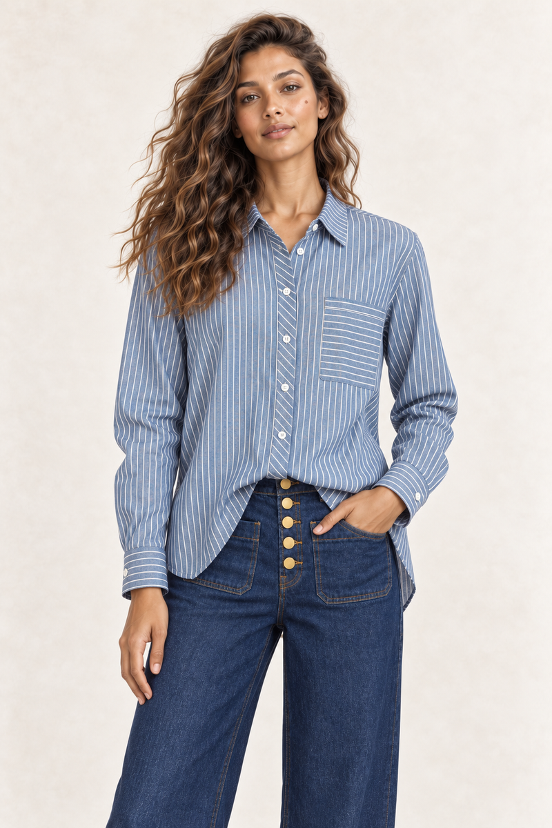 La Petite Étoile | Cecile Striped Cotton Shirt in Bleu & Ecru